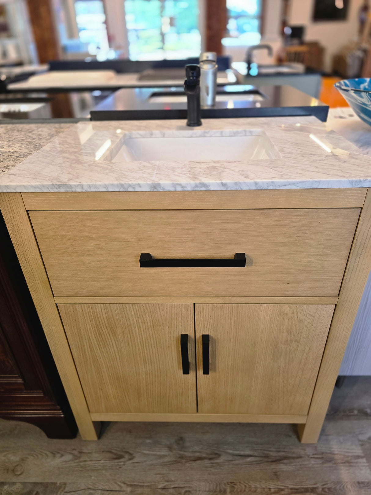 Kohler Kresla 30 Inch Bathroom Vanity Cabinet with Marble Single Sink Top, Modern Bathroom Storage, Weathered Oak with Waterfall Faucet