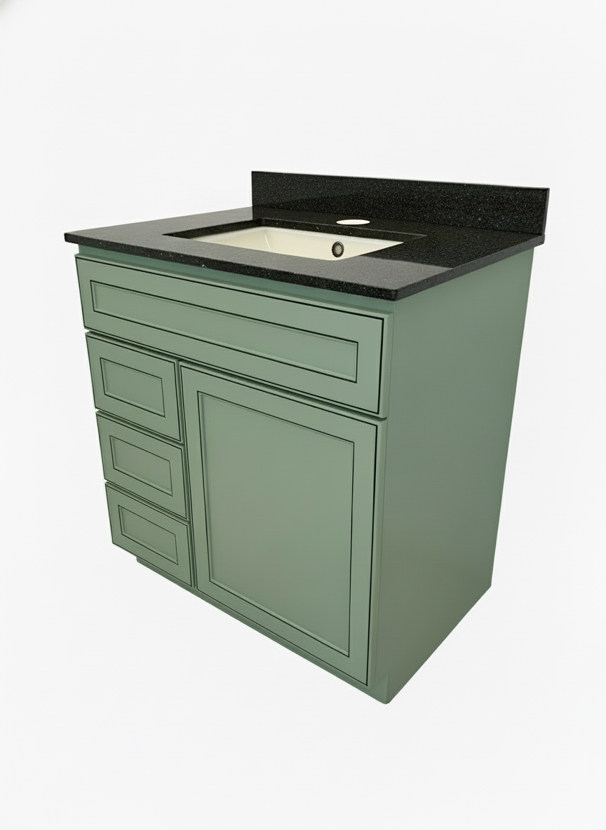 Green bathroom vanity with black countertop and sink on a white background