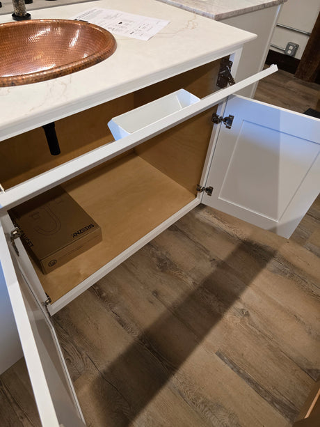 36" Cab-Tec Shaker White with Thinscape Top and Copper Sink with Black Faucet