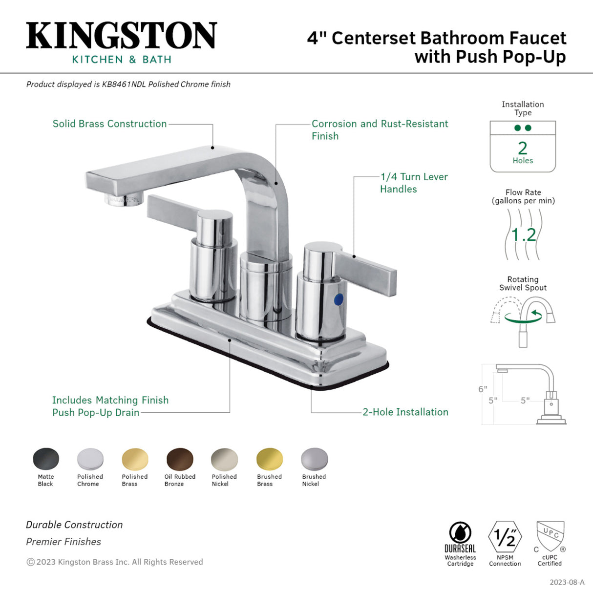 Kingston Brass KB8468NDL NuvoFusion 4 in. Centerset Bathroom Faucet with Push Pop-Up, Brushed Nickel
