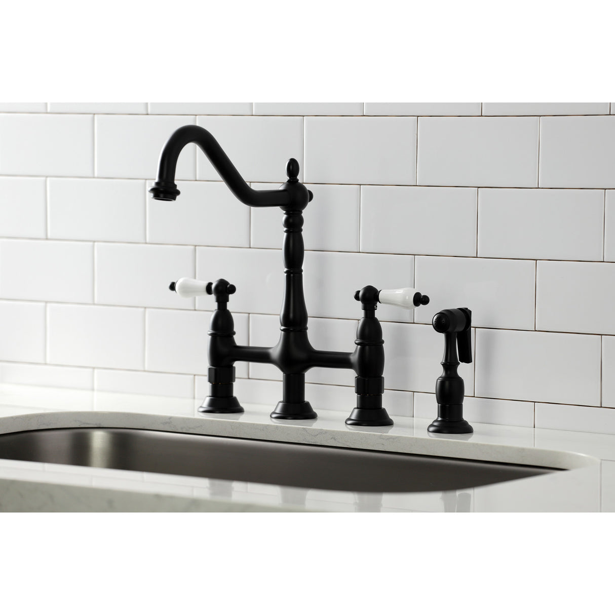 Kingston Brass KS1270PLBS Heritage Bridge Kitchen Faucet with Brass Sprayer, Matte Black