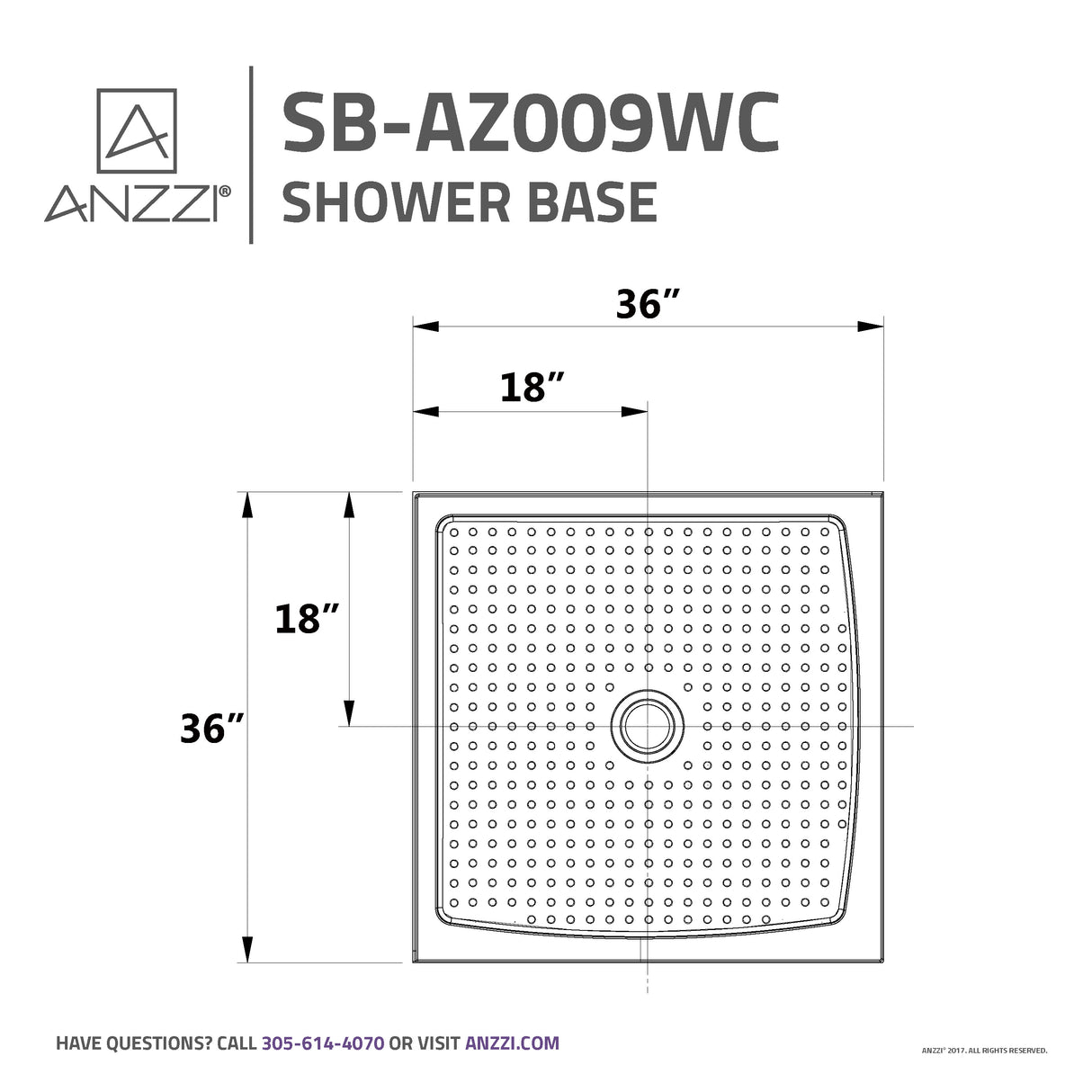 ANZZI SB-AZ009WC-R Series 36 in. x 36 in. Shower Base in White