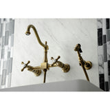 Kingston Brass KS1243AXBS Heritage Wall Mount Bridge Kitchen Faucet with Brass Spray, Antique Brass