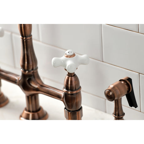 Kingston Brass KS127PXBSAC Heritage Bridge Kitchen Faucet with Brass Sprayer, Antique Copper