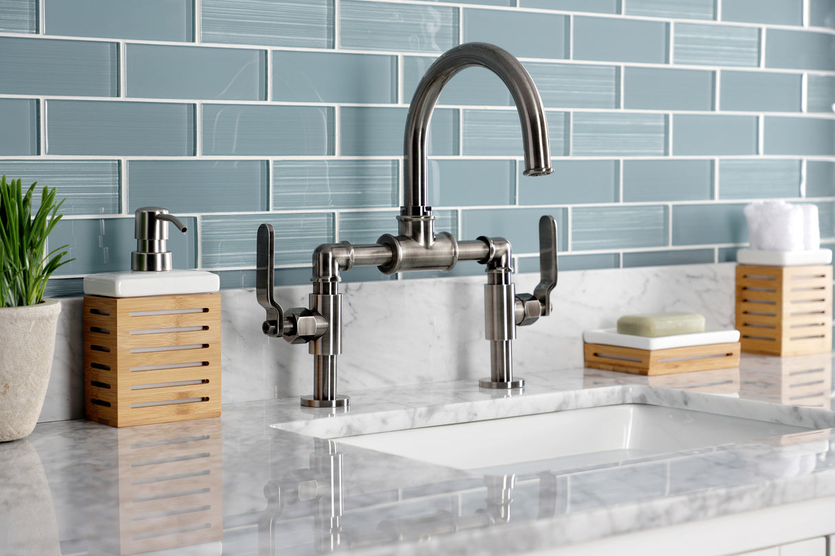 Kingston Brass KS217KLVN Whitaker Industrial Style Bridge Bathroom Faucet with Pop-Up Drain, Black Stainless