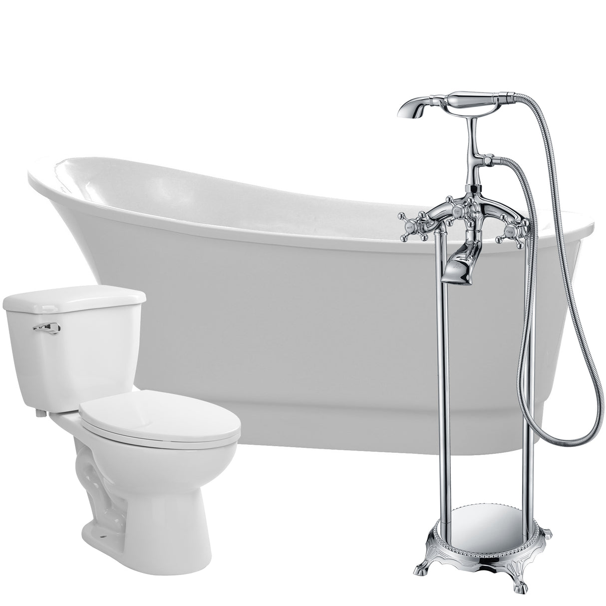 ANZZI FTAZ095-52C-55 Prima 67 in. Acrylic Flatbottom Non-Whirlpool Bathtub with Tugela Faucet and Kame 1.28 GPF Toilet