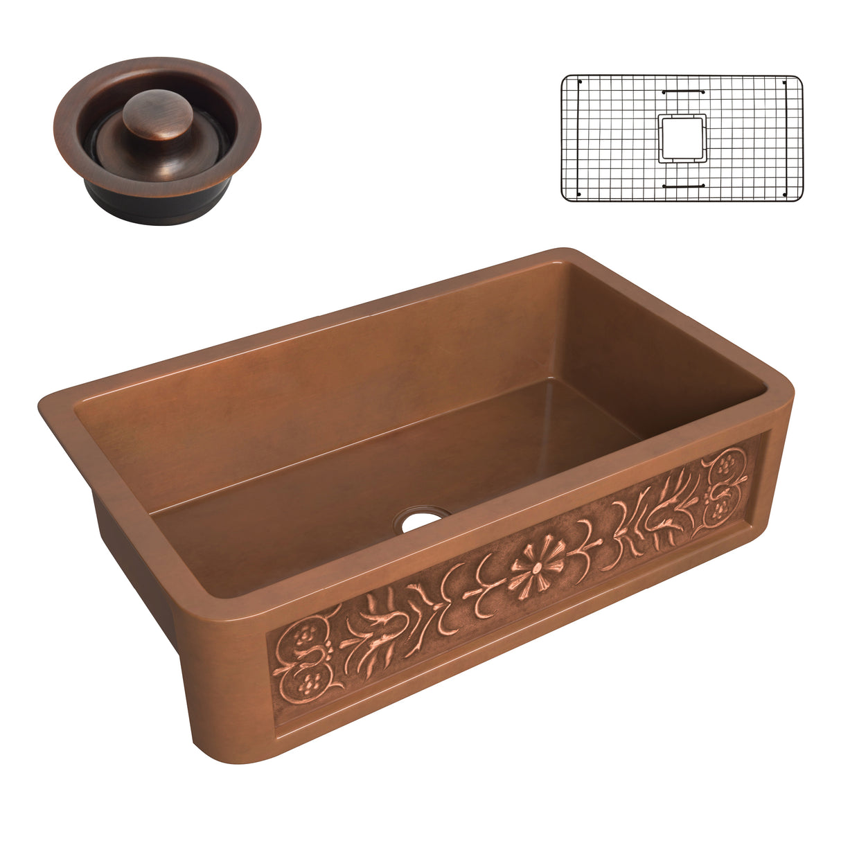 ANZZI SK-017 Thracian Farmhouse Handmade Copper 36 in. 0-Hole Single Bowl Kitchen Sink with Flower Design Panel in Polished Antique Copper