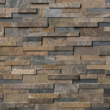 Rustic gold splitface ledger panel 6X24 natural slate wall tile LPNLSRUSGLD624 product shot multiple tiles angle view
