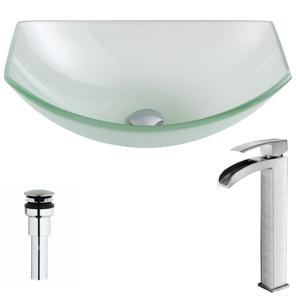 ANZZI LSAZ085-097B Pendant Series Deco-Glass Vessel Sink in Lustrous Frosted with Key Faucet in Brushed Nickel