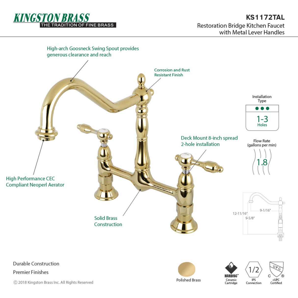 Kingston Brass KS1172TAL Tudor Bridge Kitchen Faucet, Polished Brass