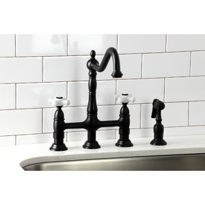 Kingston Brass KS1270PXBS Heritage Bridge Kitchen Faucet with Brass Sprayer, Matte Black