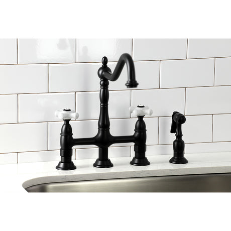 Kingston Brass KS1270PXBS Heritage Bridge Kitchen Faucet with Brass Sprayer, Matte Black