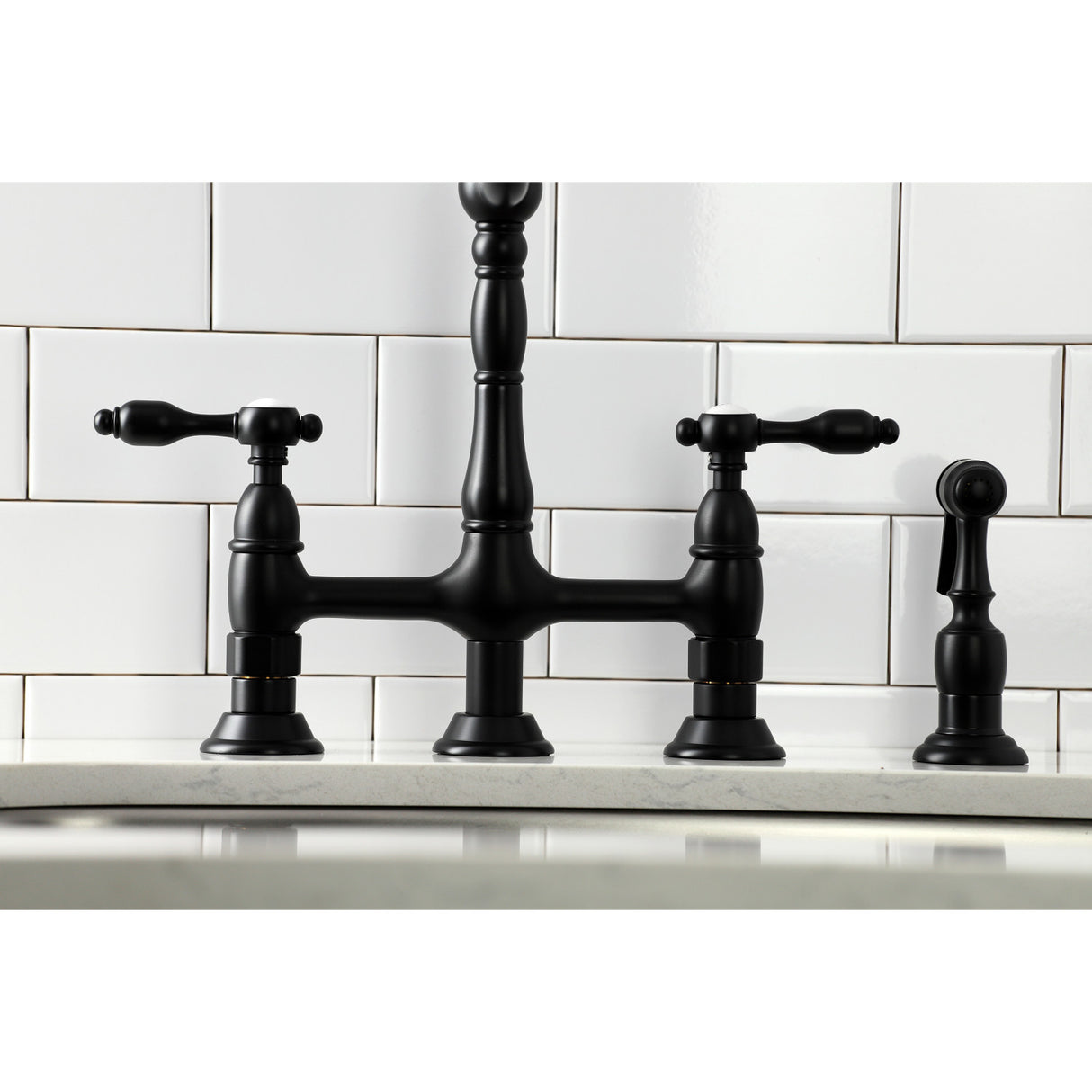 Kingston Brass KS1270TALBS Tudor Bridge Kitchen Faucet with Brass Sprayer, Matte Black