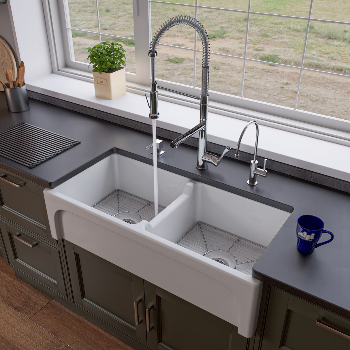 ALFI brand AB3918ARCH-W  39" White Arched Apron Thick Wall Fireclay Double Bowl Farm Sink