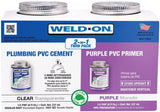Weld-On plumbing PVC cement and purple primer packaging with clear and purple labels.
