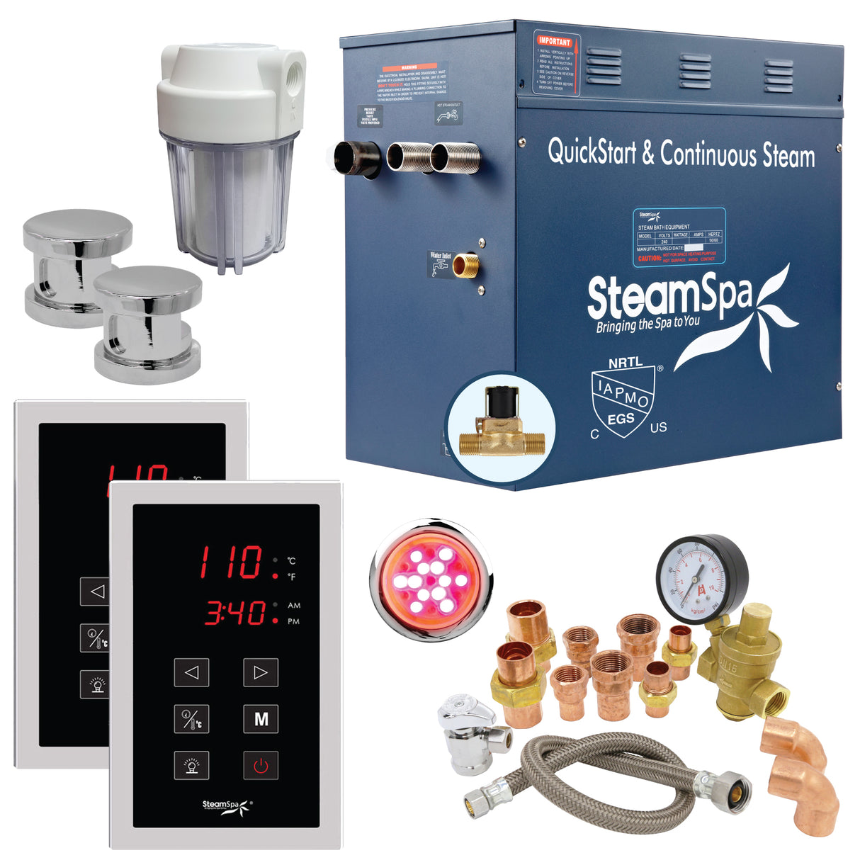 SteamSpa Executive 10.5 KW QuickStart Acu-Steam Bath Generator Package with Built-in Auto Drain and Install Kit in Chrome | Steam Generator Kit with Dual Control Panel Steamhead 240V | SS-EXT1050CH-A SS-EXT1050CH-A