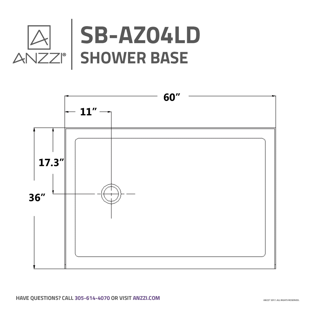 ANZZI SB-AZ04LD Tier 36 x 60  in. Left Drain Single Threshold Shower Base in White