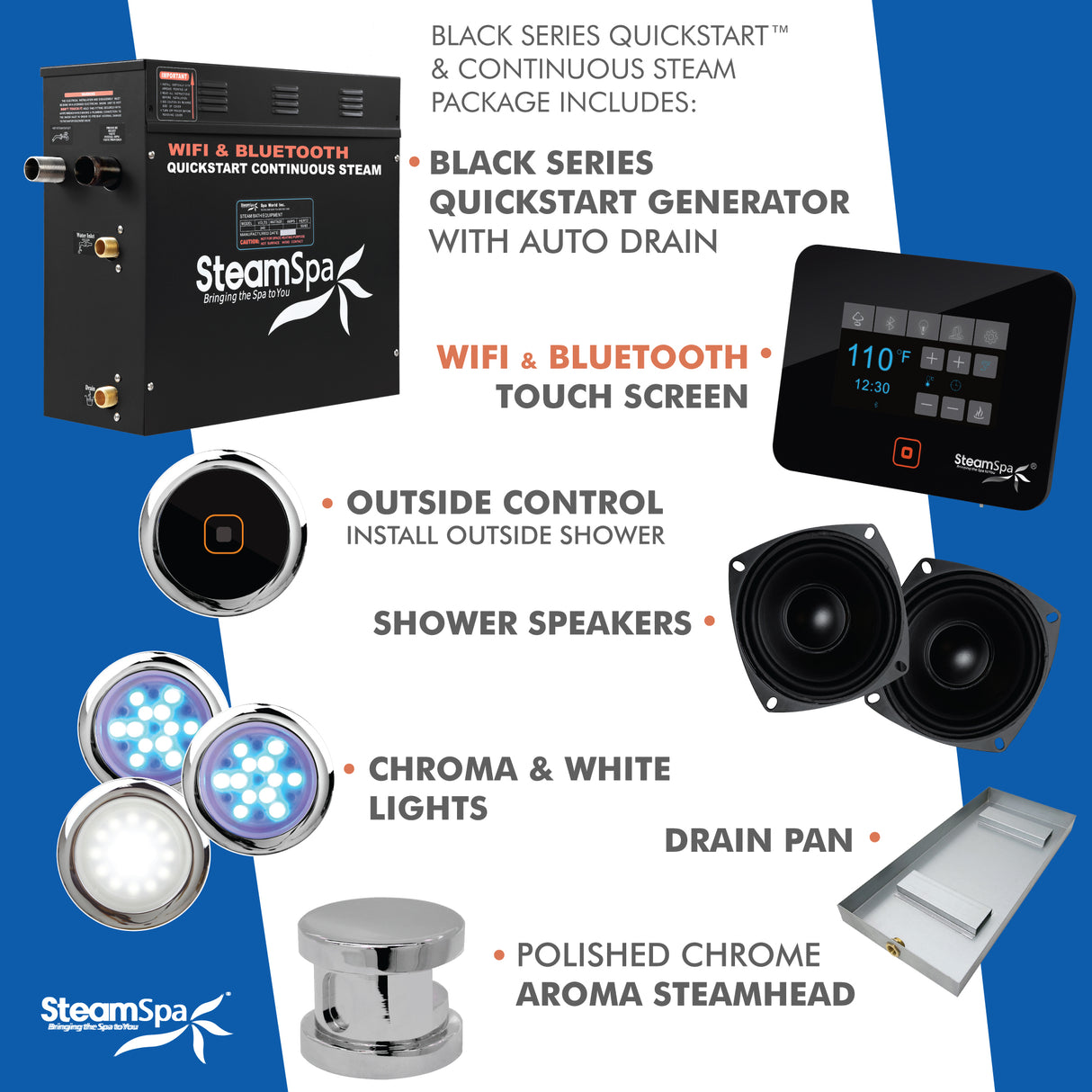 Black Series Wifi and Bluetooth 6kW QuickStart Steam Bath Generator Package in Polished Chrome BKT600CH-A