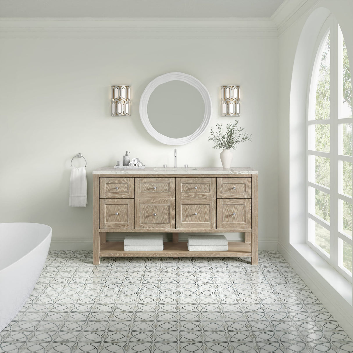 Breckenridge 60" Single Vanity, Whitewashed Oak, w/ 3 CM Victorian Silver Silestone Top w/ FreePower Wireless Charger