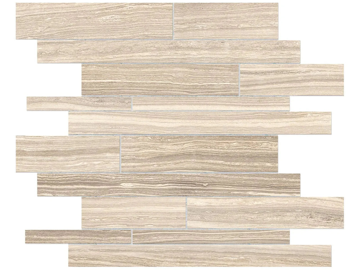 Anatolia Tile Eramosa Sand Random Strip Matte Porcelain Mosaics. 1 Sheet = .96 Sq. Ft. 4501-0091-0 (69-237) Sand Random Strip - premium natural stone mosaic tile from Anatolia Tile, available at PoshHaus showroom in Keene, NH