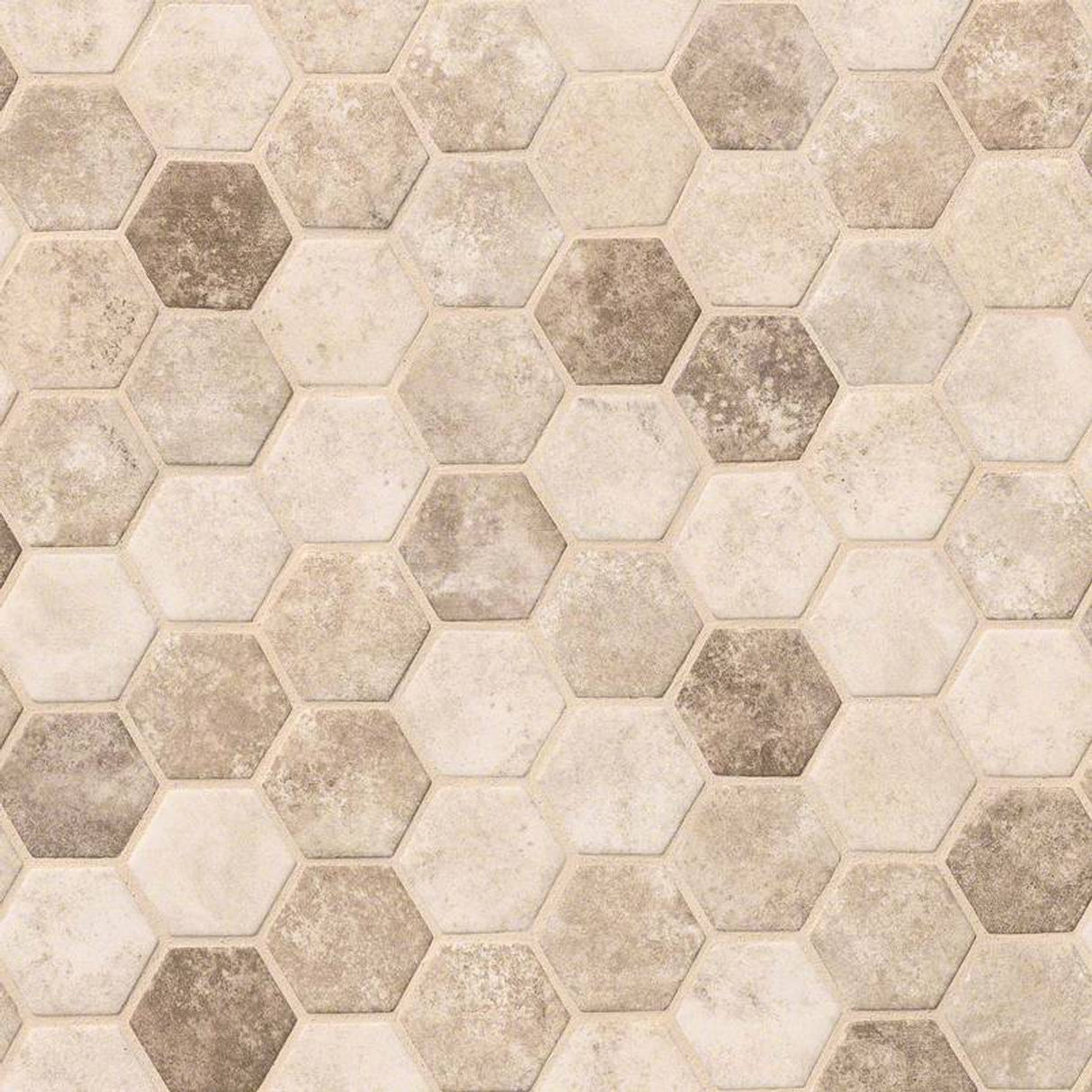 Sandhills hexagon 11.02X12.76 glass mesh mounted mosaic tile SMOT GLS SAND6MM product shot multiple tiles angle view