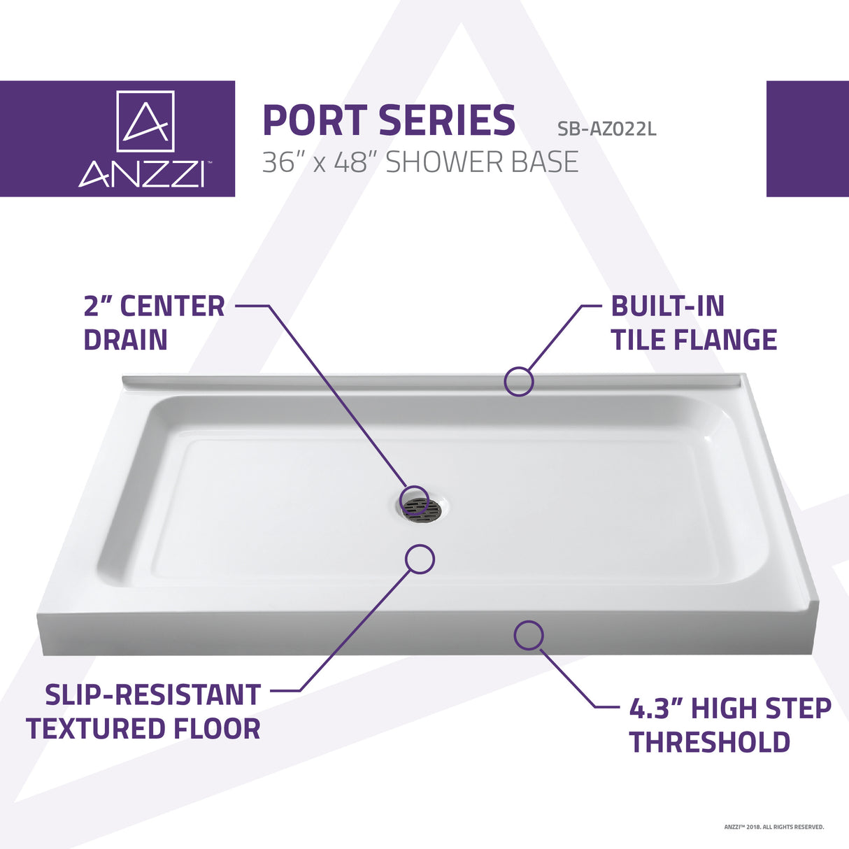 ANZZI SB-AZ022L-R Vega 36 x 48  in. Double Threshold Shower Base in White