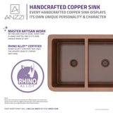ANZZI SK-010 Moesia Farmhouse Handmade Copper 33 in. 60/40 Double Bowl Kitchen Sink with Floral Design in Polished Antique Copper
