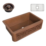 ANZZI SK-008 Tripolis Farmhouse Handmade Copper 33 in. 0-Hole Single Bowl Kitchen Sink with Floral Design Panel in Polished Antique Copper