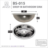 ANZZI BS-015 Athenian 20 in. Handmade Drop-in Oval Bathroom Sink in Hammered Steel