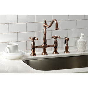 Kingston Brass KS127AXBSAC Heritage Bridge Kitchen Faucet with Brass Sprayer, Antique Copper