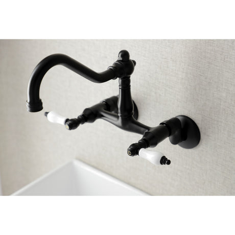 Kingston Brass KS3220PL Vintage 6" Adjustable Center Wall Mount Kitchen Faucet, Matte Black