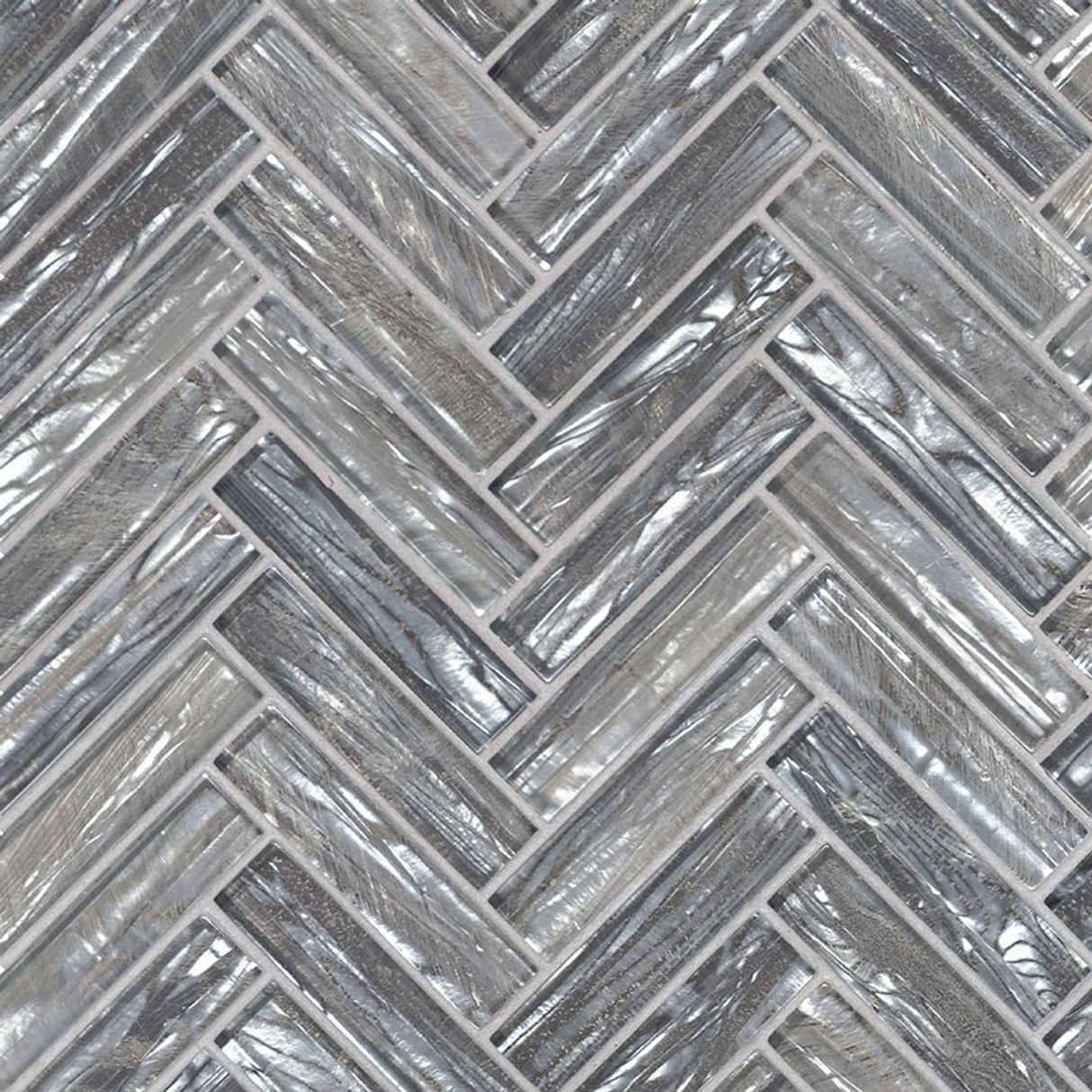 Shimmering silver herringbone 11.06X12.6 glass mesh mounted mosaic tile SMOT GLS SHISLV8MM product shot multiple tiles angle view