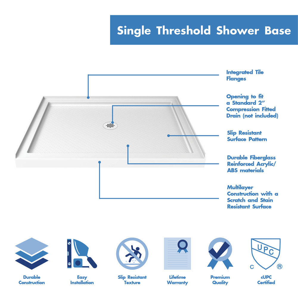 DreamLine Flex 32 in. D x 42 in. W x 74 3/4 in. H Semi-Frameless Pivot Shower Door in Chrome with Center Drain White Base Kit