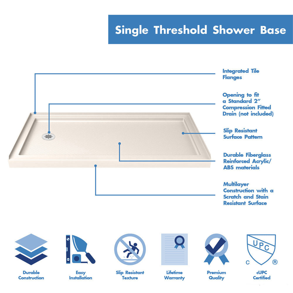 DreamLine Aqua Ultra 36 in. D x 60 in. W x 74 3/4 in. H Frameless Shower Door in Brushed Nickel and Left Drain Biscuit Base Kit