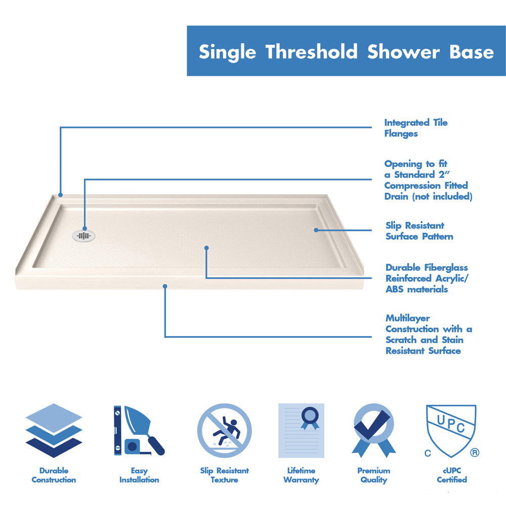 DreamLine Aqua Ultra 36 in. D x 60 in. W x 74 3/4 in. H Frameless Shower Door in Chrome and Left Drain Biscuit Base Kit