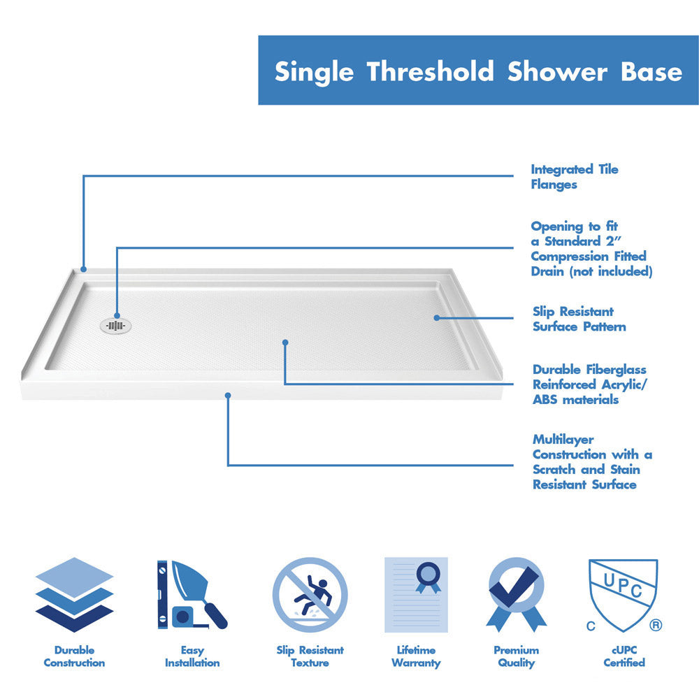DreamLine Flex 36 in. D x 60 in. W x 76 3/4 in. H Semi-Frameless Shower Door in Chrome with Left Drain White Base and Wall Kit