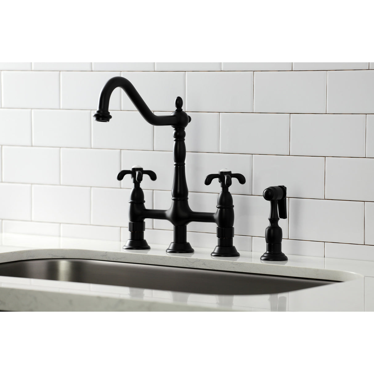 Kingston Brass KS1270TXBS French Country Bridge Kitchen Faucet with Brass Sprayer, Matte Black