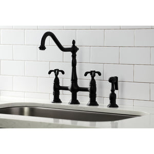 Kingston Brass KS1270TXBS French Country Bridge Kitchen Faucet with Brass Sprayer, Matte Black