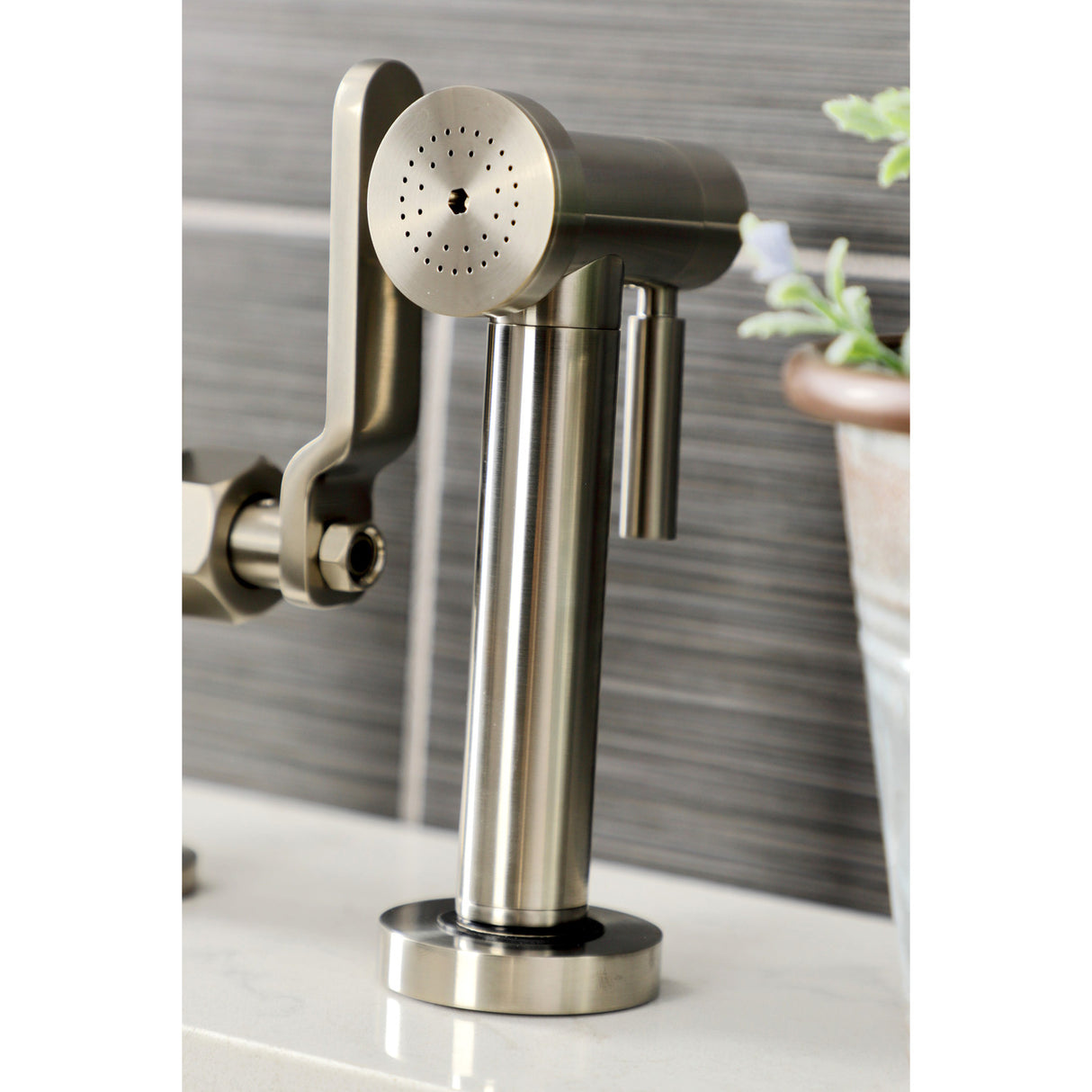Kingston Brass KS2338KL Whitaker Industrial Style Bridge Kitchen Faucet with Brass Sprayer, Brushed Nickel