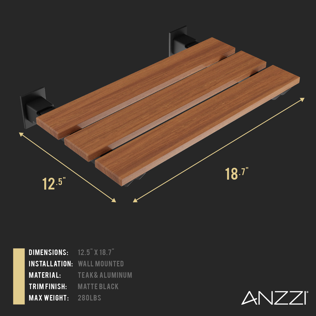 ANZZI AC-AZ202MB Bohemian 18.7 in. Teak Wall Mounted Folding Shower Seat in Matte Black