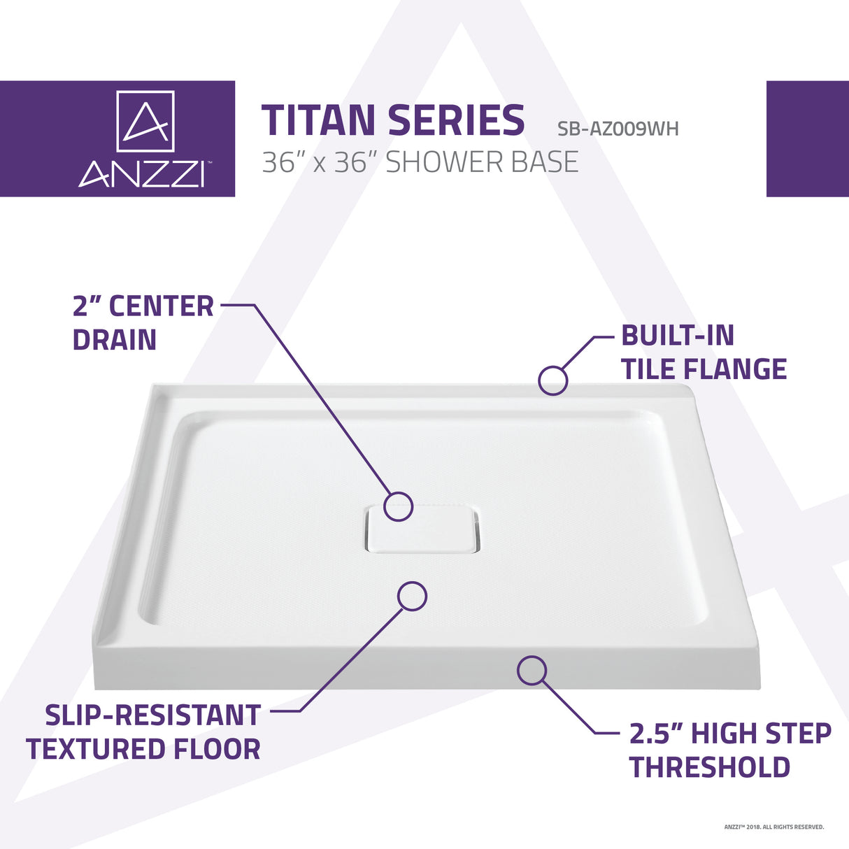 ANZZI SB-AZ009WH Titan Series 36 in. x 36 in. Double Threshold Shower Base in White