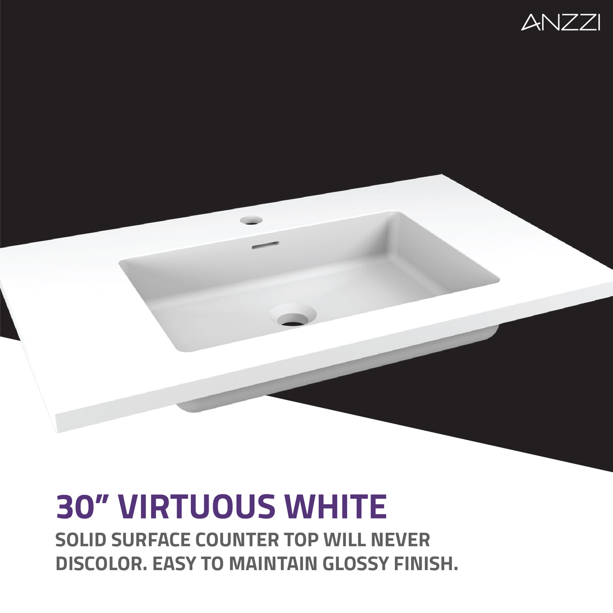 ANZZI VT-CT30-WH Conques 30 in W x 20 in H x 18 in D Bath Vanity in Rich White with Cultured Marble Vanity Top in White with White Basin