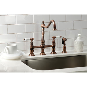 Kingston Brass KS127PLBSAC Heritage Bridge Kitchen Faucet with Brass Sprayer, Antique Copper