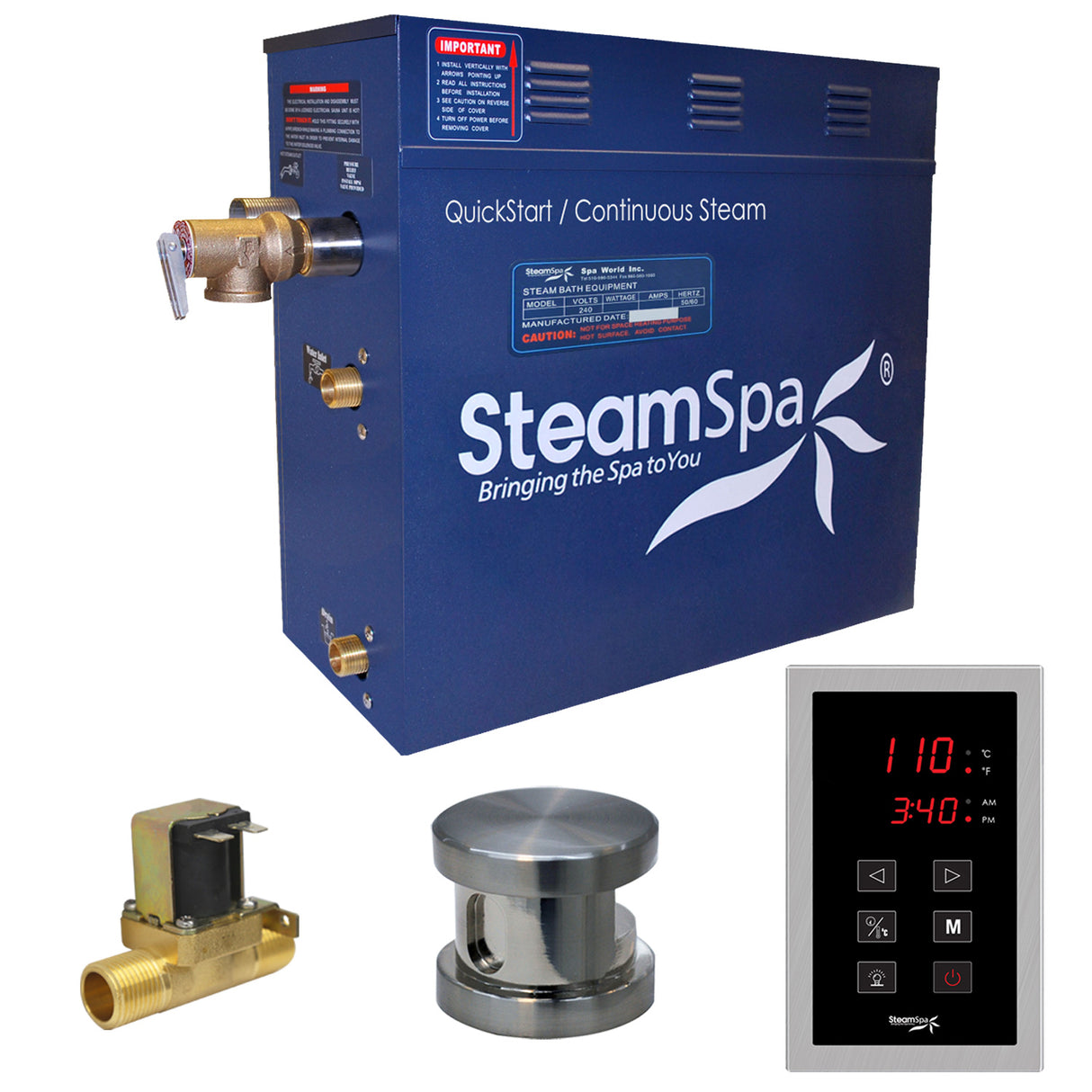 SteamSpa Oasis 9 KW QuickStart Acu-Steam Bath Generator Package with Built-in Auto Drain in Brushed Nickel OAT900BN-A
