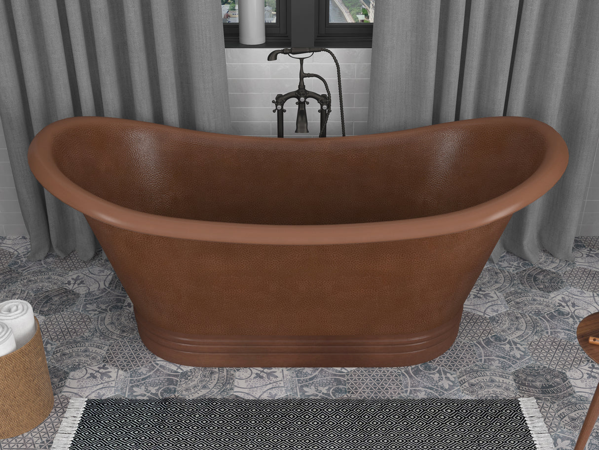 ANZZI BT-007 Nero 70 in. Handmade Copper Double Slipper Flatbottom Non-Whirlpool Bathtub in Hammered Antique Copper