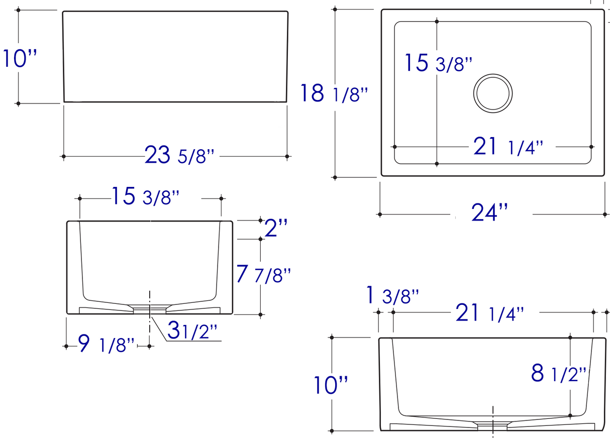 ALFI brand AB2418SB-W  24" White Smooth Thick Wall Fireclay Single Bowl Farm Sink