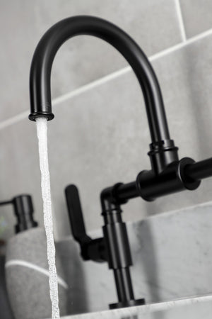Kingston Brass KS2170KL Whitaker Industrial Style Bridge Bathroom Faucet with Pop-Up Drain, Matte Black