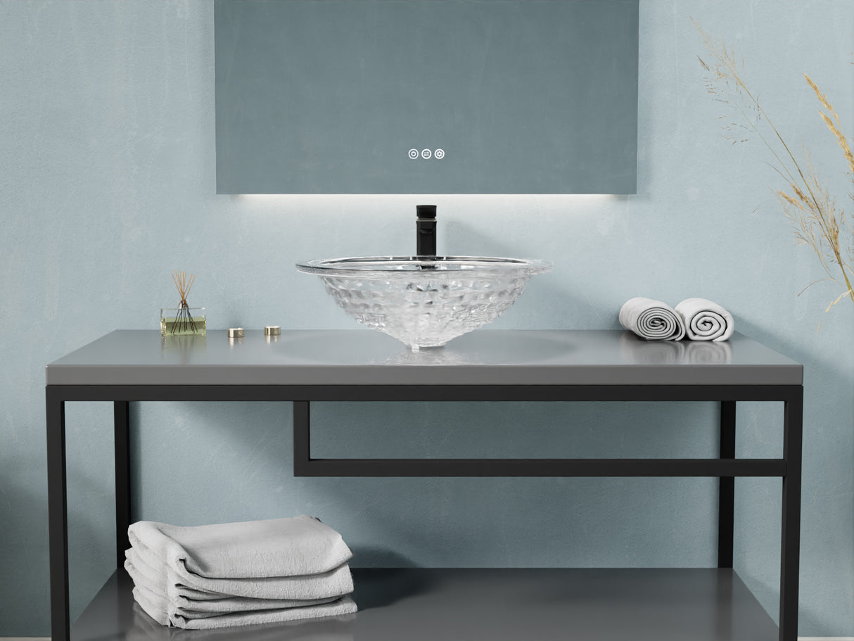 ANZZI LS-AZ904 Diamante Round Clear Glass Vessel Bathroom Sink with Faceted Pattern