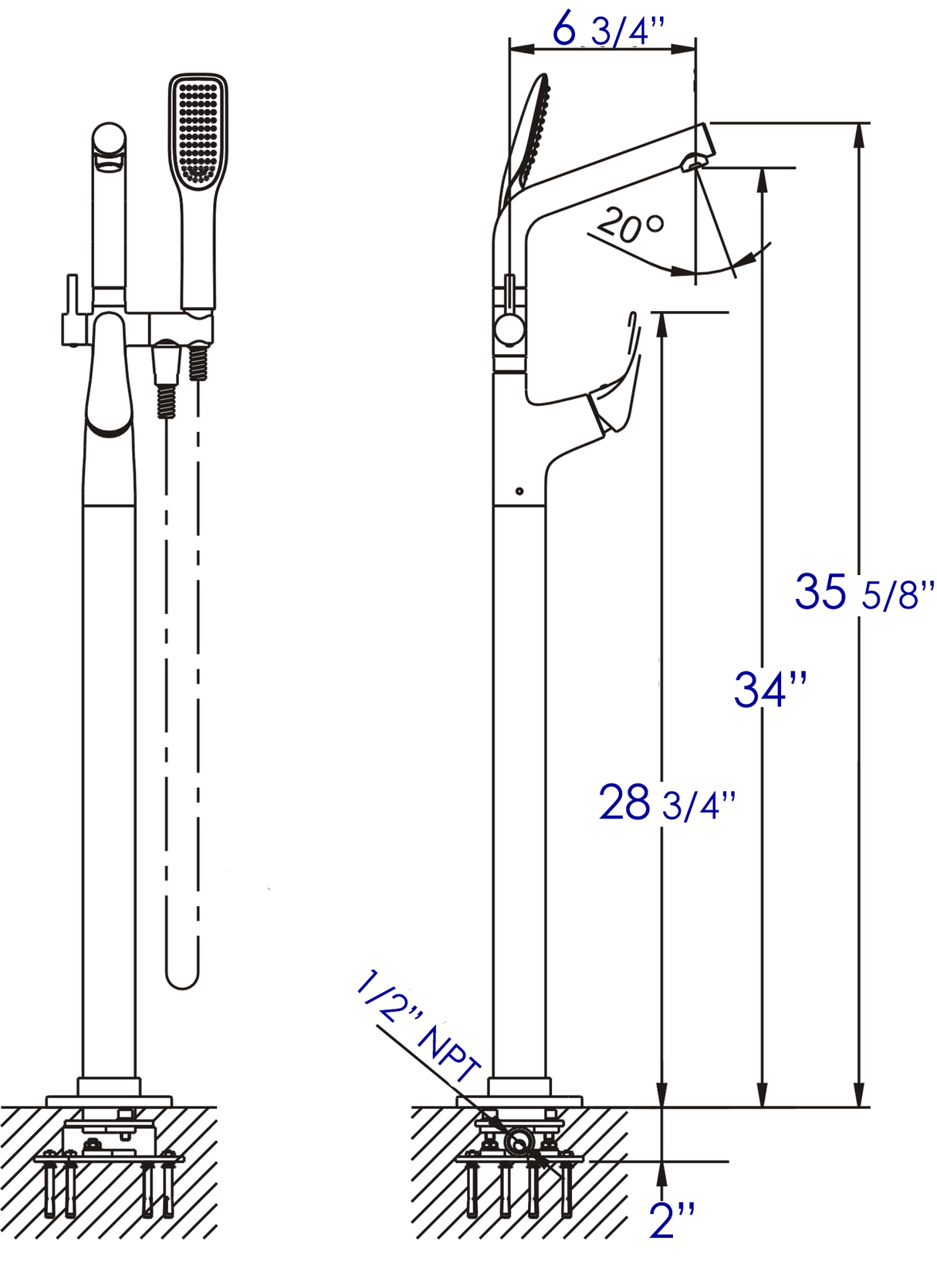 AB2758-BN Brushed Nickel Floor Mounted Tub Filler + Mixer /w additional Hand Held Shower Head