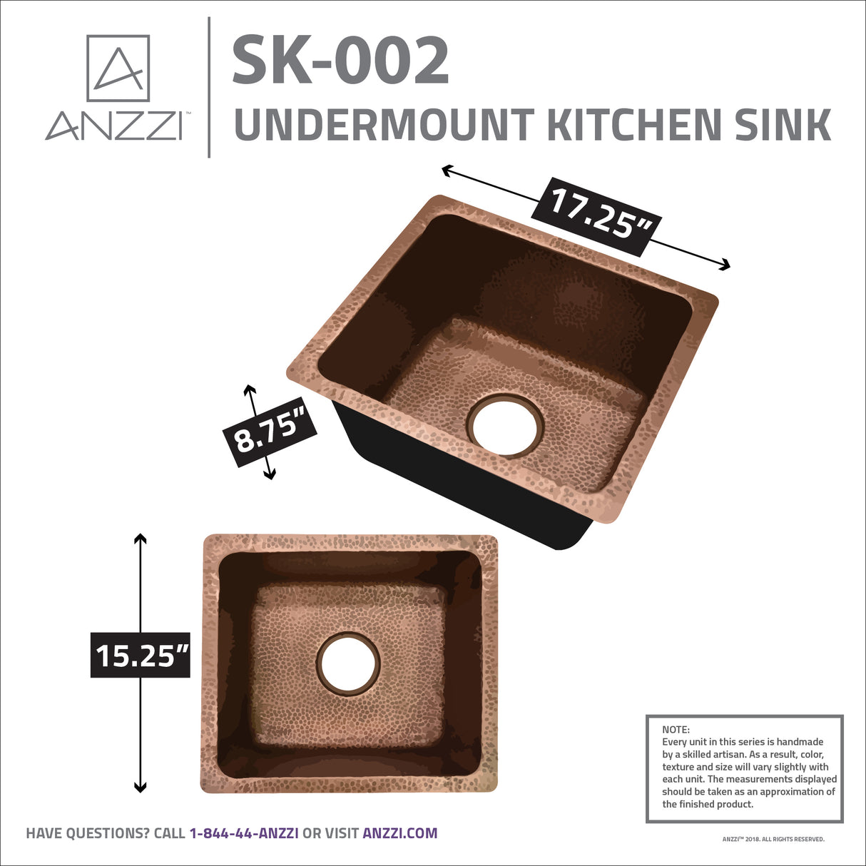 ANZZI SK-002 Aquileia Drop-in Handmade Copper 17 in. 0-Hole Single Bowl Kitchen Sink in Hammered Antique Copper
